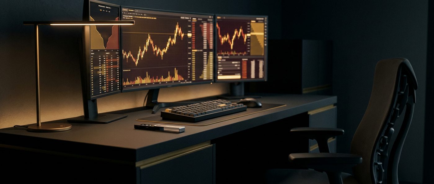 TRON energy desk with live market monitors